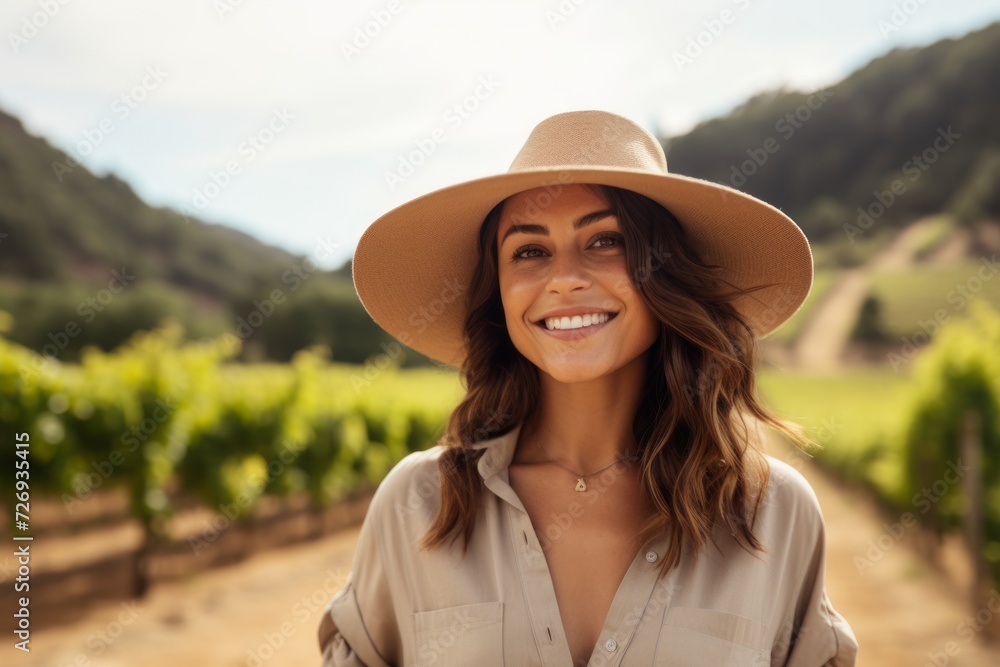 Portrait of smiling young woman in hat standing in vineyard.