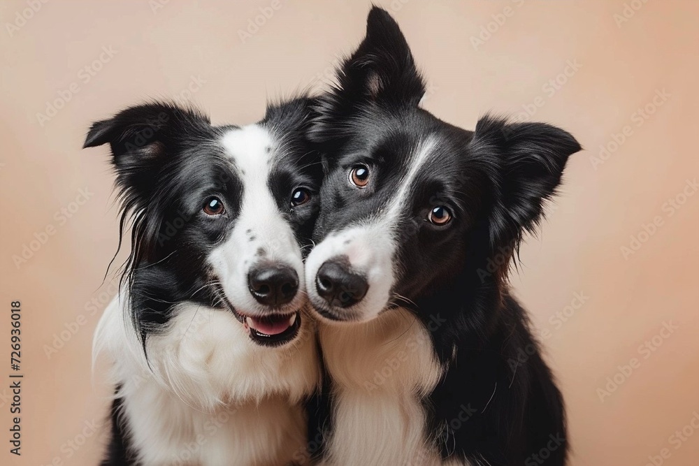 studio portrait of two dogs hugging. happy border collies on beige background. Love, relationship, funny