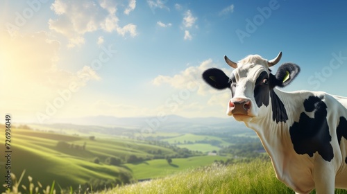 Fototapeta Naklejka Na Ścianę i Meble -  Cheerful cow with an infectious smile, grazing in the lush green meadow - a captivating banner shot