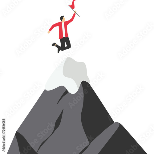 Leaders raise the flag of success on the top of the mountain, Vector illustration in flat style

