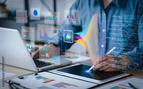 Data analysis science and big data with AI technology. Analyst or Scientist uses a computer and dashboard for analysis of information on complex data sets on computer. Insights development engineer photo