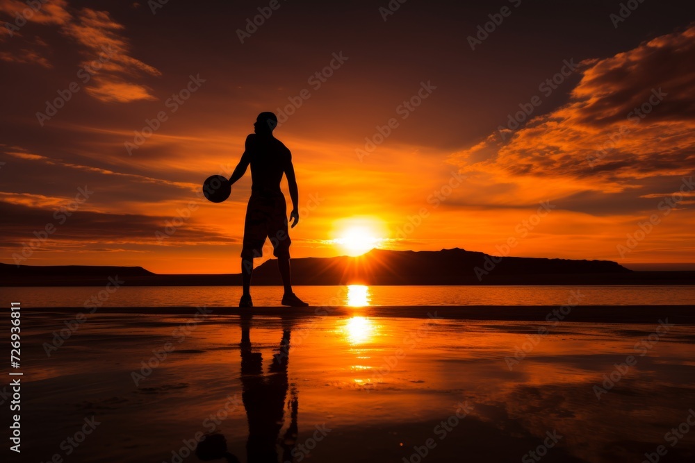 Powerful slam dunk. athletic male street basketball player training outdoors at sunset