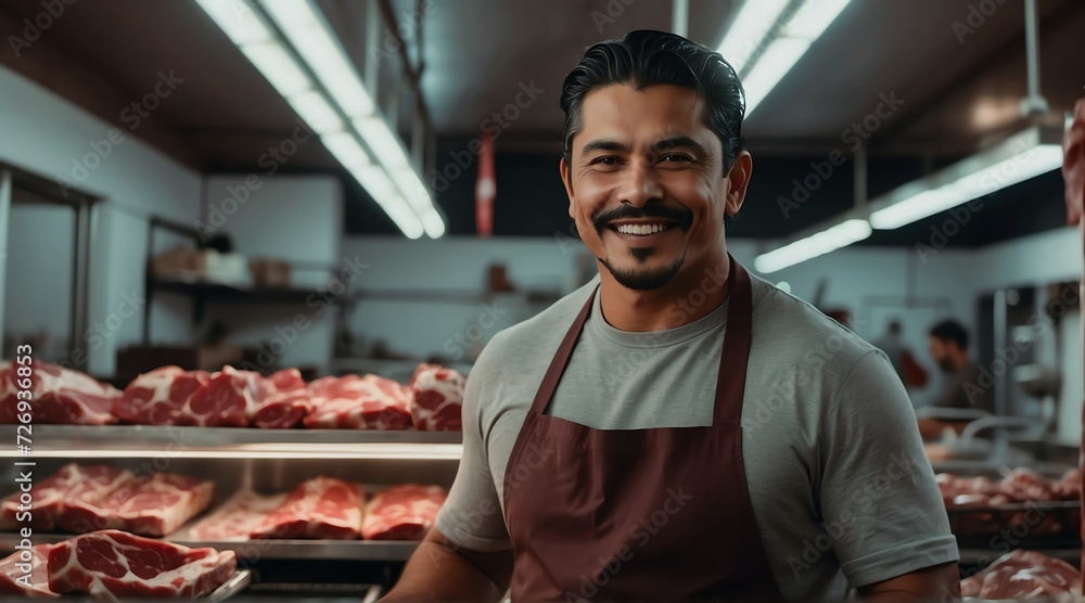 Fototapeta premium Handsome hispanic man butcher standing in the meat shop smiling at camera from Generative AI