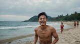 Handsome young asian man at the beach summer holiday vacation running and smiling at camera from Generative AI