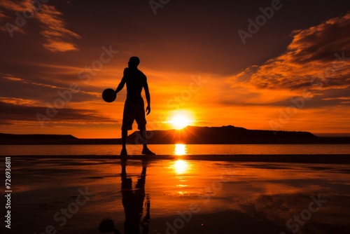 Powerful slam dunk. athletic male street basketball player training outdoors at sunset © sorin