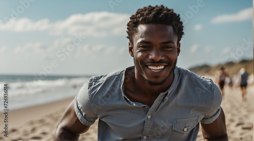 Handsome young black african man at the beach summer holiday vacation running and smiling at camera from Generative AI © Arceli