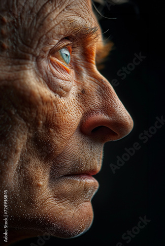 The face of an elderly man close-up on a dark background, studio lighting.