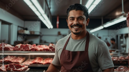 Handsome hispanic man butcher standing in the meat shop smiling at camera from Generative AI