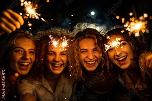 Happy friends celebrating new year with sparklers and fireworks - holiday and friendship concept