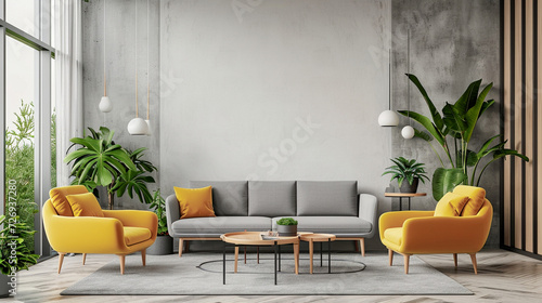 Habitación de apartamento moderno en interior con sofás gris y amarillos. Hogar de diseño con pared en blanco. photo