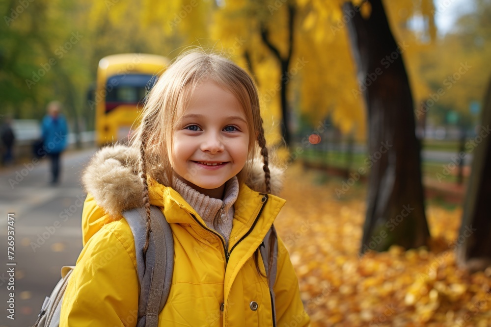Smiling elementary student girl ready to board school bus for a day of learning and fun Smiling elementary student girl ready to board school bus for a day of learning and fun