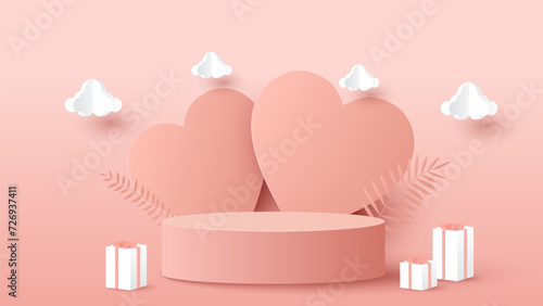 Valentines day sale banner. Podium platform to show product with heart balloons for festival love. Happy valentines day banner with podium platform