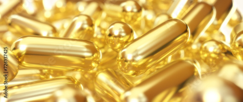 Vitamin or omega 3 gold fish oil capsules, 3D rendering.