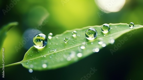 Transparent water drops after rain on a green leaf sunlight. Selective focus of beautiful of many droplets with beautiful sunlight bokeh. Generative AI