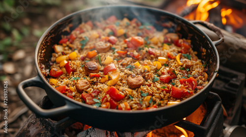 One-pot camping meal with rice, meat and various vegetables over a wood fire.