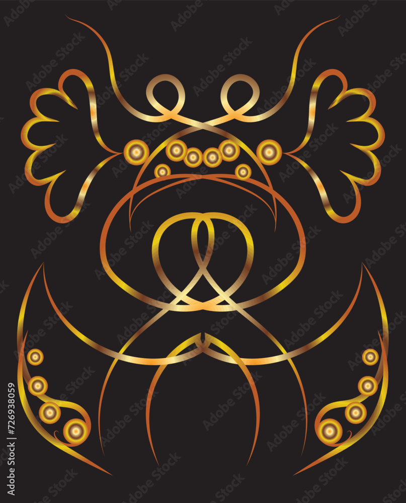 Graphic symmetrical fantasy ornament with swirls, concentric circles. Gold gradient on a black background for printing on fabric, applique and cards. Graphic symmetrical fantasy ornament with swirls, concentric circles. Gold gradient on a black background for printing on fabric, applique and cards.