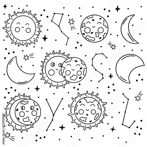 Solar eclipse. Phases of onset of solar eclipse. Night sky with stars and constellations. Black and white vector isolated illustration hand drawn doodle photo