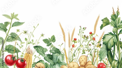 watercolor, hand-drawn illustration of vegetables and fruits. fresh food design elements: greenery, leaves, corn, wheat, tomato, potato, leaves, stalks, Broccoli, carrot, pepper, garlic, and zucchini photo