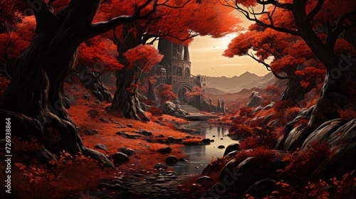 Fantasy Autumn dense forest with oaks trees with red-bright leaves.