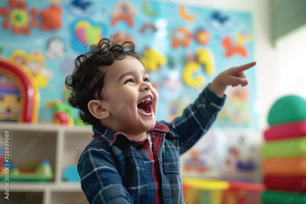 Joyful Toddler Laughing, Colorful Playroom Discovery and Fun Joyful Toddler Laughing, Colorful Playroom Discovery and Fun