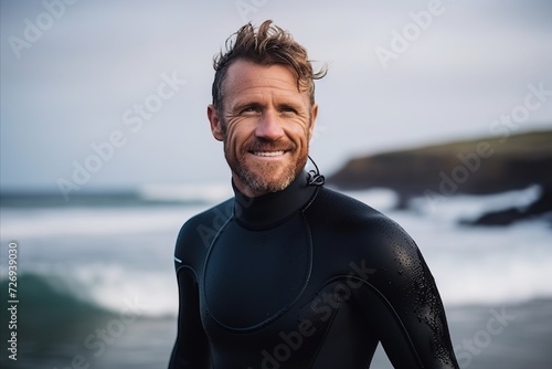 Portrait of smiling man in wetsuit with surfboard at beach © Nerea