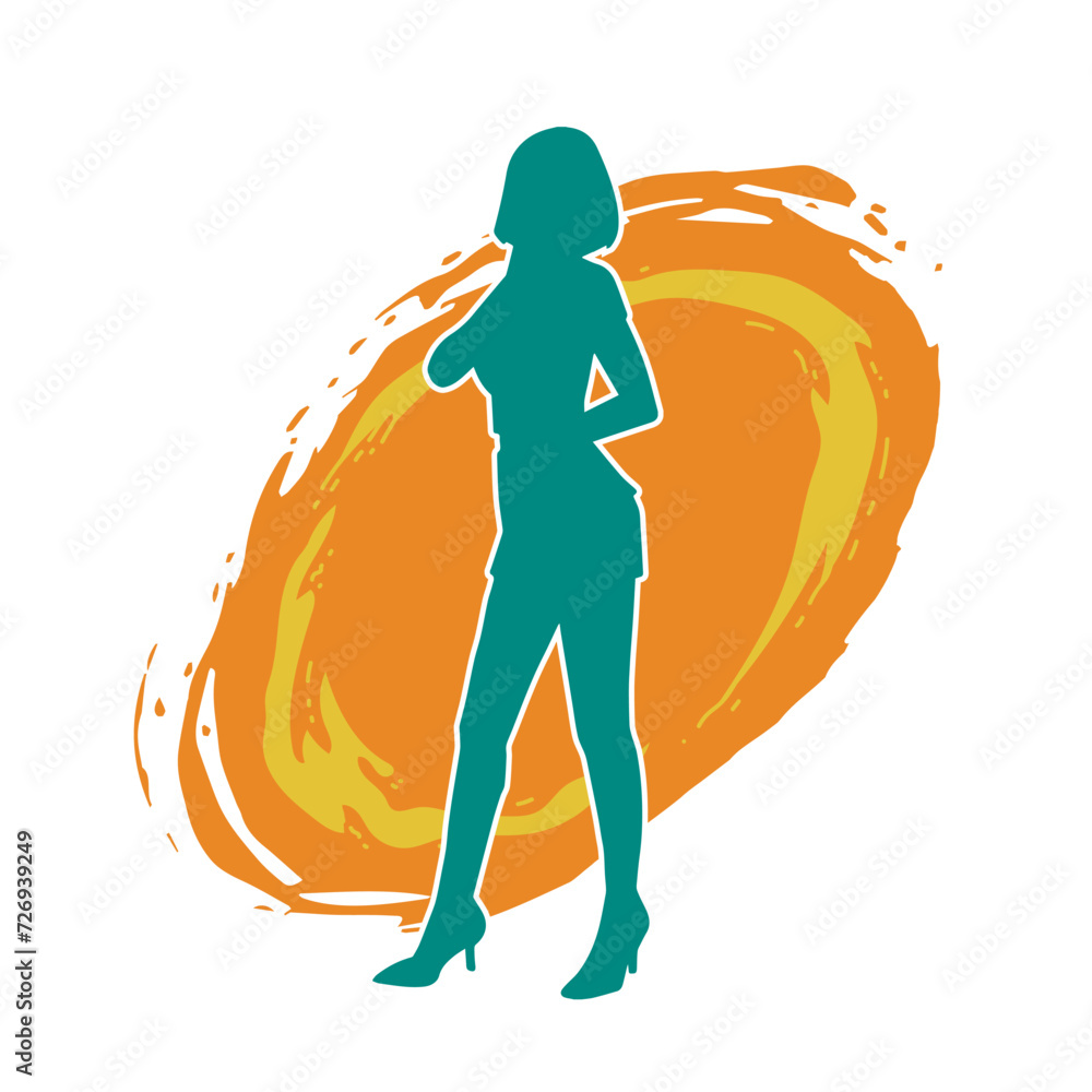 Silhouette of a slim female model wearing casual outfit standing in feminine pose.
