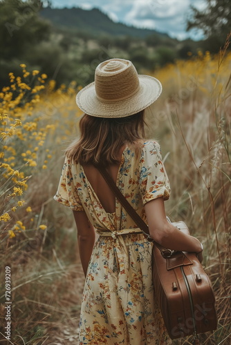 Woman with a hat and a brown bag walking in the fields photo