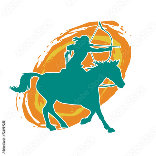 Silhouette of an ancient cavalry soldier aiming with archery weapon. Silhouette of an archer on his running horse.