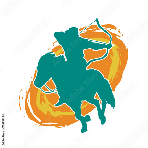 Silhouette of an ancient cavalry soldier aiming with archery weapon. Silhouette of an archer on his running horse.
