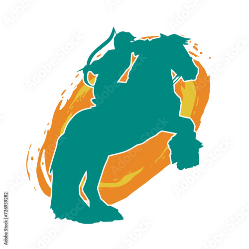 Silhouette of an ancient cavalry soldier aiming with archery weapon. Silhouette of an archer on his running horse.