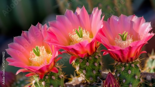 Vibrant cactus flowers captured in close-up, revealing the intricate beauty of nature's desert jewels, perfect for conveying the allure of arid landscapes and the delicate elegance of succulent blooms