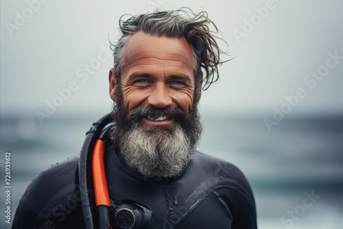 Portrait of a happy senior man with a beard wearing a wetsuit on the beach.