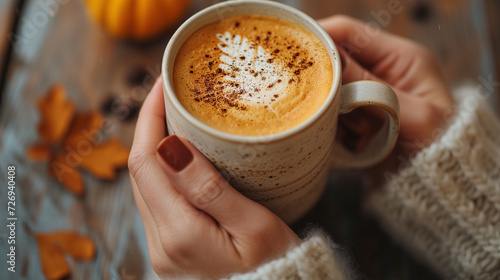 Morning coffee ritual, two hands holding a hot espresso mug.
