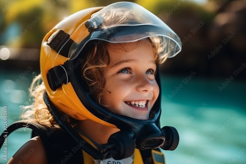 Portrait of cute little boy in diving suit and helmet looking at camera Portrait of cute little boy in diving suit and helmet looking at camera