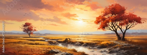 A fantastic beautiful flat landscape with a river, autumn trees with orange-red and yellow leaves at sunset. Golden Hour, Nature, landscape, environment concepts.