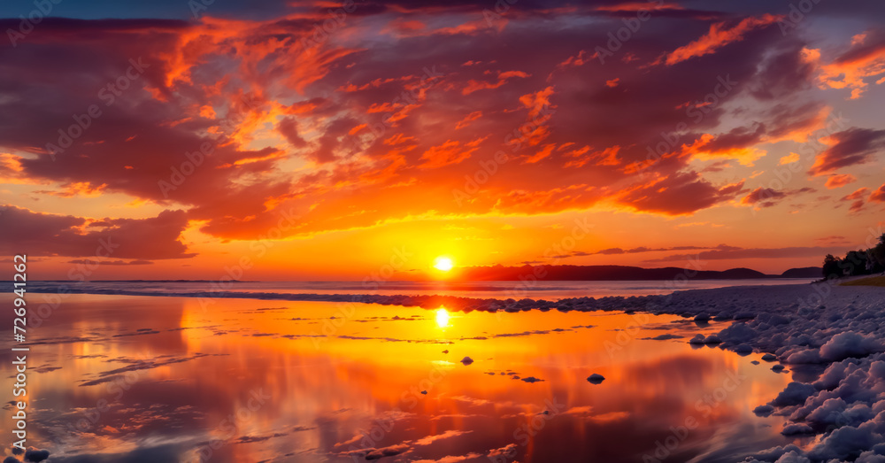 A stunning sunset with a reflection on the water, a sandy beach, and a sky filled with clouds.