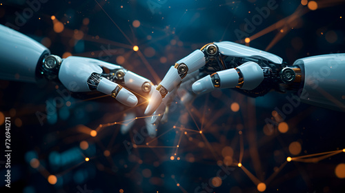 AI, Machine learning, Hands of robot and human touching on big data network connection, Data exchange, deep learning, Science and artificial intelligence technology, innovation of futuristic. 