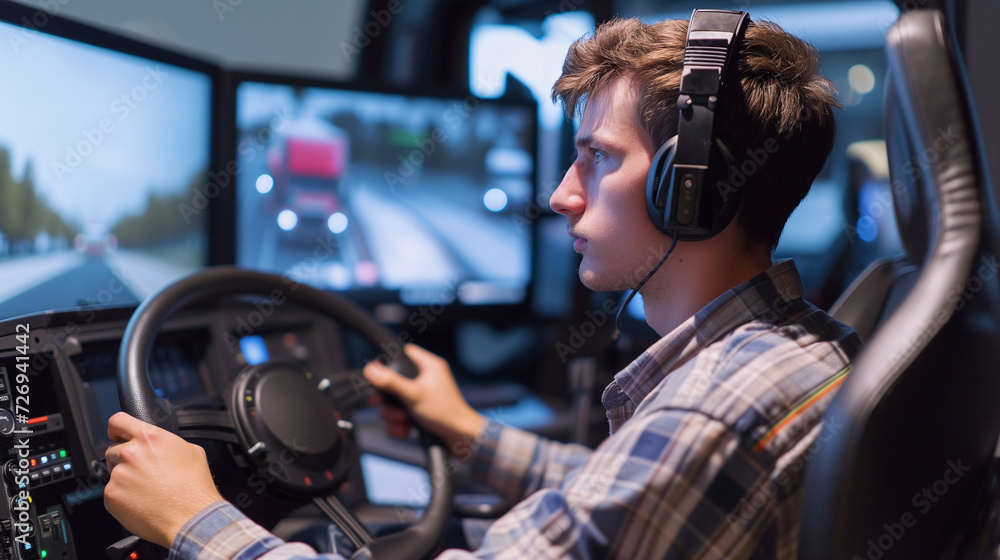 Trucking simulator inside a truck school. Young man learning and practicing on how to drive big rigs. Trucking simulator inside a truck school. Young man learning and practicing on how to drive big rigs.