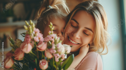 Close-up of mother and daughter hugging, holding a bouquet of flowers  photo