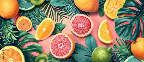 Vibrant and exotic, tropical fruits and leaves banner, stunning array of tropical fruits and foliage. Perfect for adding a touch of paradise to your visual presentations. AI Generated photo