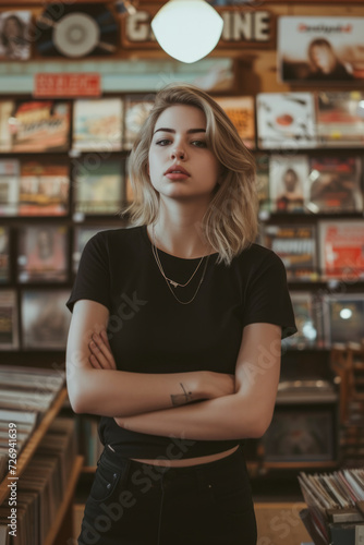 Portrait of a young woman fan of rock and heavy metal music wearing a blank black mockup t-shirt in a record store alley