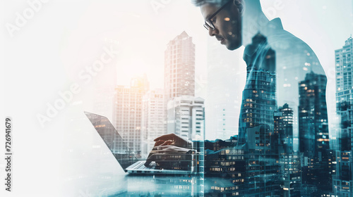 Portrait of a businessman working on a laptop computer at office with transparency letting see a modern city landscape with buildings and skyscrapers