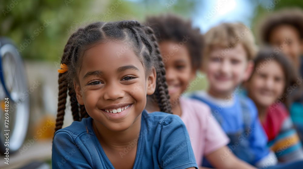Diverse group of kids, black girl in front. Playing at the park. Diverse group of kids, black girl in front. Playing at the park.