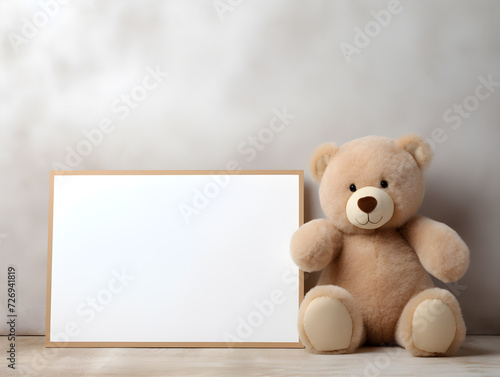 Fluffy brown teddy bear with  a blank sign with space for copy,Generative Ai