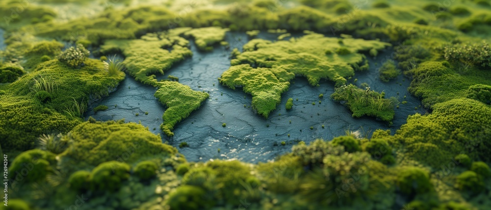 A world map meticulously outlined by moss growing on a rock.  conveying Earth Day and environmental care. ecosystem and healthy environment concept.
