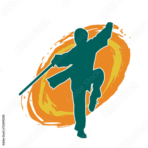 Silhouette of a female fighter in action pose carrying sword weapon.