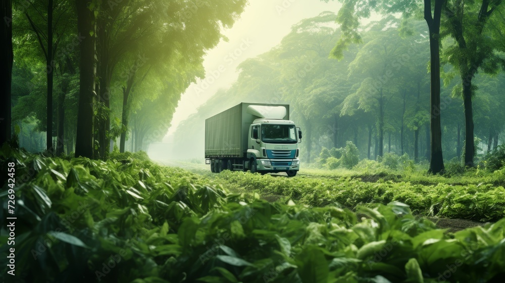 Sustainable green truck in motion through picturesque forest and majestic mountain landscape