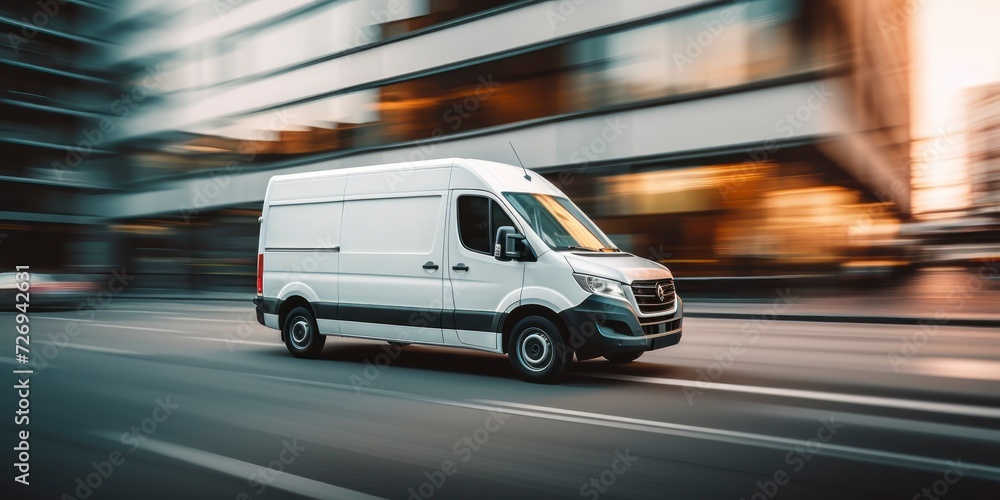 White commercial delivery van on the street with motion blur background White commercial delivery van on the street with motion blur background