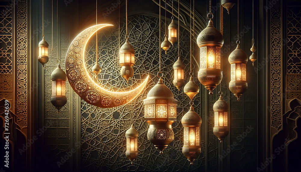 Golden lantern with a crescent moon and Islamic ornament background Golden lantern with a crescent moon and Islamic ornament background
