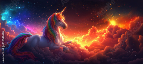An ethereal unicorn with a shimmering rainbow mane lies atop soft clouds, gazing into the distance as sunset meets the starry cosmos in a breathtaking scene.